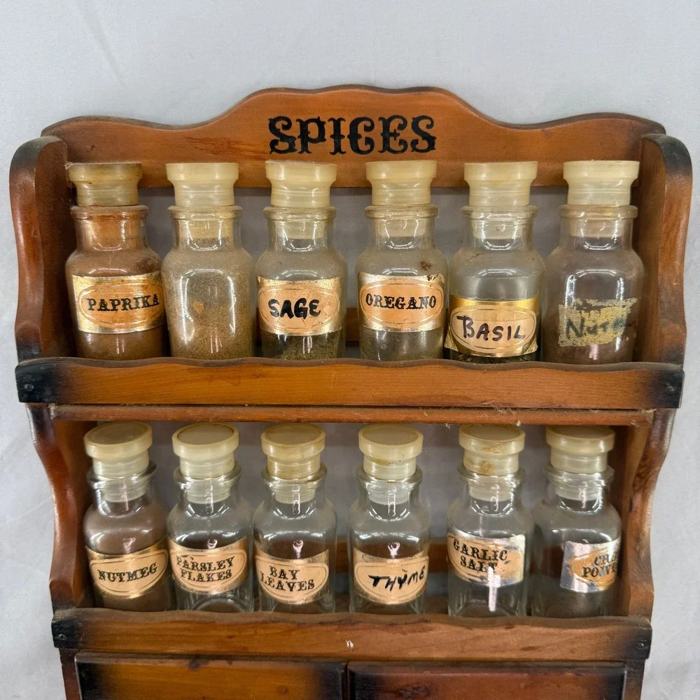 Vintage Wooden Spice Rack 12 Glass Apothecary Jars 2 Drawers Wall Mount Brown